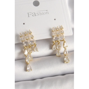 Pirinç Gold Renk Zirkon Taşlı Yağmur Model Kadın Küpe