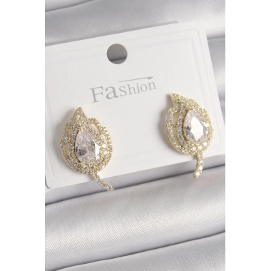 Pirinç Gold Renk Zirkon Taşlı Yaprak Model Kadın Küpe