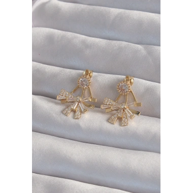 Pirinç Gold Renk Zirkon Taşlı Yassı Fiyonk Model Küpe