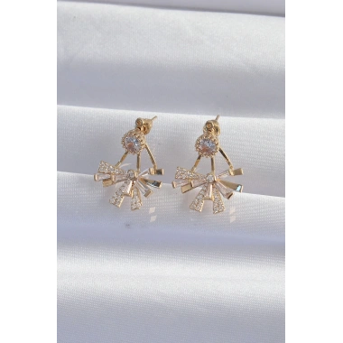 Pirinç Gold Renk Zirkon Taşlı Yassı Fiyonk Model Küpe