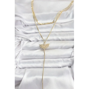 Pirinç Gold Renk Zirkon Taşlı Yelpaze Model Detaylı 3lü Kombin Y Kadın Kolye