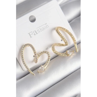 Pirinç Gold Renk Zirkon Taşlı Yılan Kalp Model Kadın Küpe