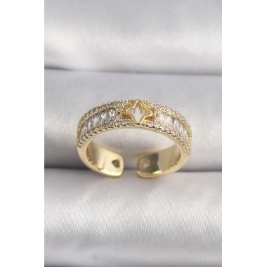 Pirinç Gold Renk Zirkon Taşlı Yıldız İşleme VIP Seri Kadın Yüzük