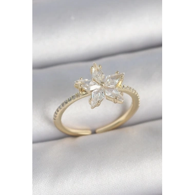 Pirinç Gold Renk Zirkon Taşlı Yıldız Model Ayarlanabilir Kadın Yüzük