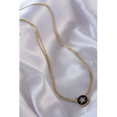 Pirinç Gold Renk Zirkon Taşlı Yıldız Model Siyah Mineli Ezme Zincirli Serenay Kolyesi