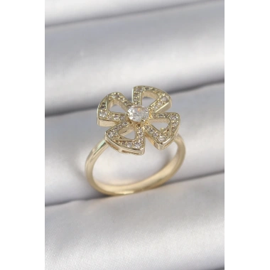 Pirinç Gold Renk Zirkon Taşlı Yonca Model Ayarlanabilir Kadın Yüzük