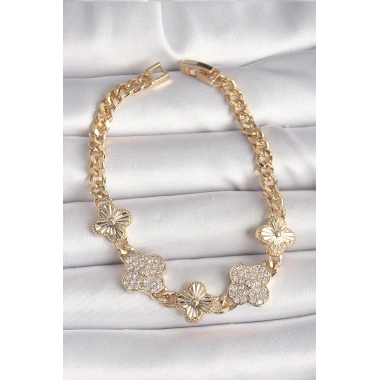 Pirinç Gold Renk Zirkon Taşlı Yonca Model Kadın Bileklik