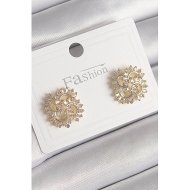 Pirinç Gold Renk Zirkon Taşlı Yonca Model Kadın Küpe