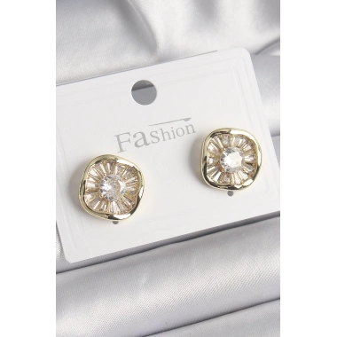 Pirinç Gold Renk Zirkon Taşlı Yonca Model Kadın Küpe