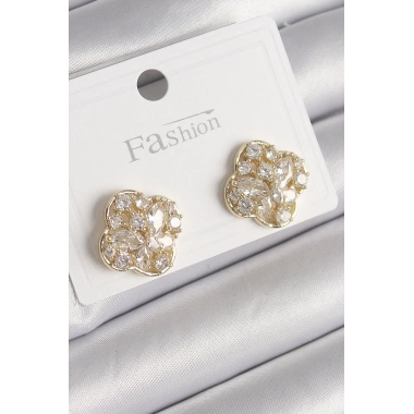 Pirinç Gold Renk Zirkon Taşlı Yonca Model Kadın Küpe