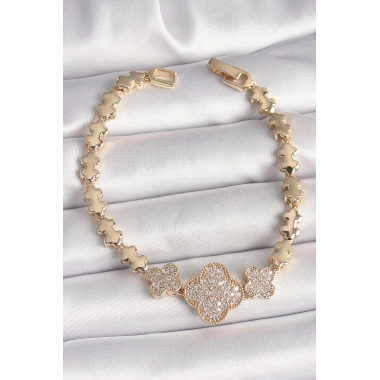 Pirinç Gold Renk Zirkon Taşlı Yonca Model Zincir Kadın Bileklik