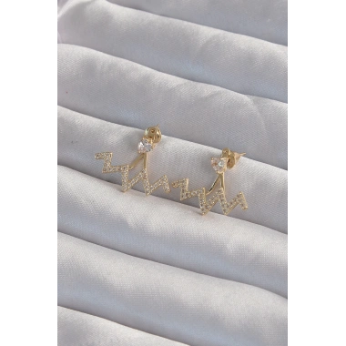 Pirinç Gold Renk Zirkon Taşlı Zikzak Küpe