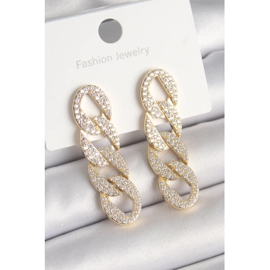 Pirinç Gold Renk Zirkon Taşlı Zincir Model Kadın Küpe