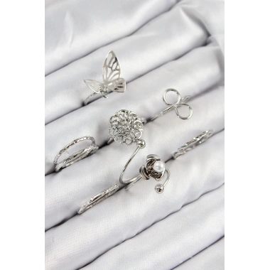 Pirinç Gül Kelebek Model Gümüş Renk Kadın Yüzük Kombin Set
