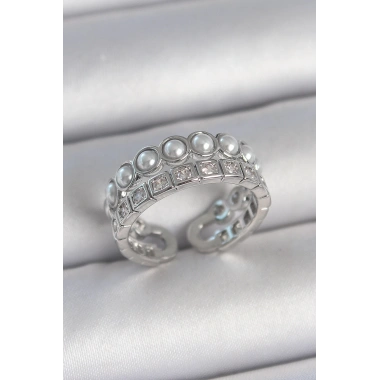 Pirinç Gümüş Renk 2Li Sıra Zirkon Taşlı Ve İncili Ayarlanabilir Kadın Yüzük