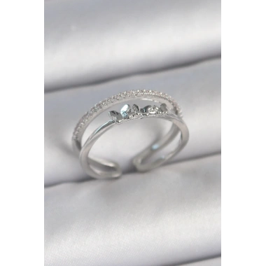 Pirinç Gümüş Renk 2Li Zirkon Taş Detaylı Kelebek Figür Ayarlanabilir Model Kadın Yüzük