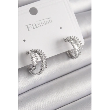 Pirinç Gümüş Renk 2Li Zirkon Taşlı Halka Model Kadın Küpe