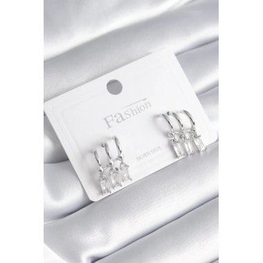 Pirinç Gümüş Renk 3lü Sallantı Zirkon Taşlı Küpe