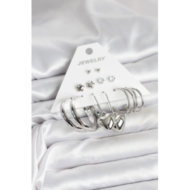 Pirinç Gümüş Renk 6 Çift Kadın Küpe Seti