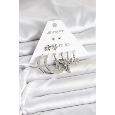 Pirinç Gümüş Renk 6 Çift Kadın Küpe Seti