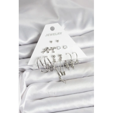 Pirinç Gümüş Renk 6lı Kadın Küpe Seti