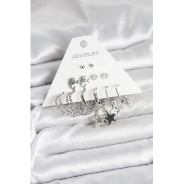 Pirinç Gümüş Renk 6lı Kadın Küpe Seti