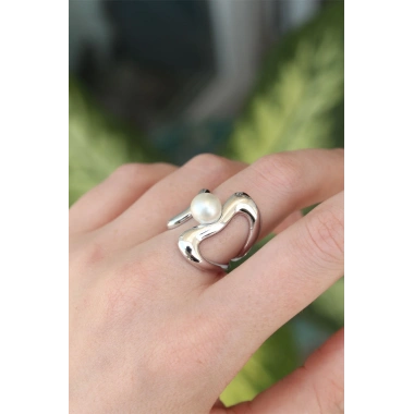 Pirinç Gümüş Renk Ayarlanabilir İnci Taşlı Yüzük