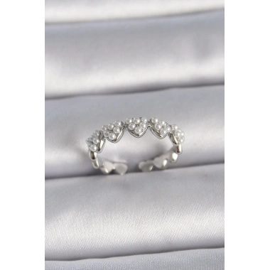 Pirinç Gümüş Renk Ayarlanabilir İncili Kalp Model Kadın Yüzük