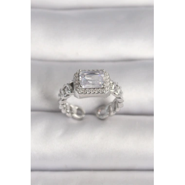 Pirinç Gümüş Renk Ayarlanabilir Zincir Kare Zirkon Taşlı Kadın Yüzük