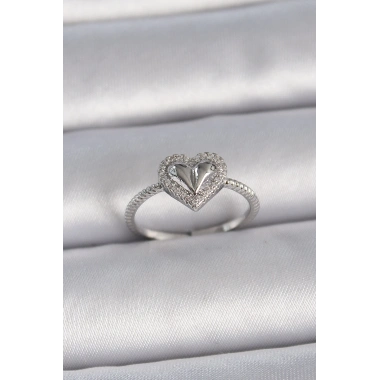 Pirinç Gümüş Renk Ayarlanabilir Zirkon Taşlı Kalp Model Kadın Yüzük