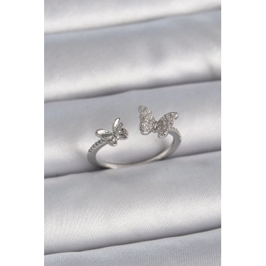 Pirinç Gümüş Renk Ayarlanabilir Zirkon Taşlı Kelebek Model Kadın Yüzük
