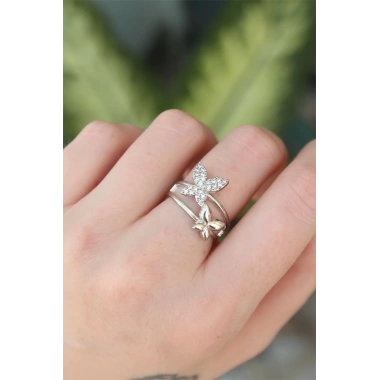 Pirinç Gümüş Renk Ayarlanabilir Zirkon Taşlı Kelebek Yüzük