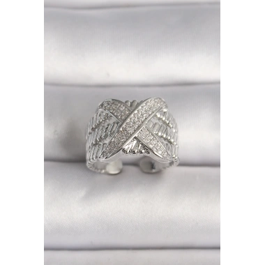 Pirinç Gümüş Renk Ayarlanabilir Zirkon Taşlı X Model Kadın Yüzük