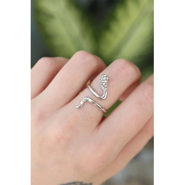 Pirinç Gümüş Renk Ayarlanabilir Zirkon Taşlı Yılan Yüzük