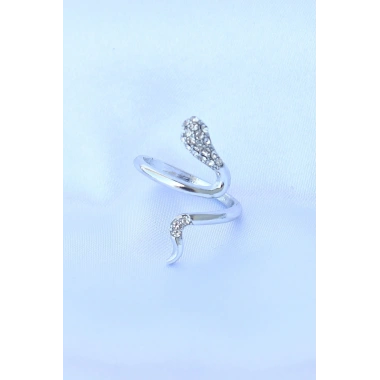 Pirinç Gümüş Renk Ayarlanabilir Zirkon Taşlı Yılan Yüzük