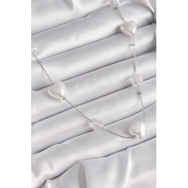 Pirinç Gümüş Renk Beyaz İnci Kalp Model Kadın Kolye