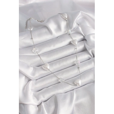 Pirinç Gümüş Renk Beyaz İnci Kalp Model Kadın Kolye