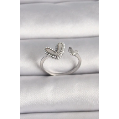 Pirinç Gümüş Renk Beyaz Mineli İnci Detaylı Kalp Model Ayarlanabilir Yüzük