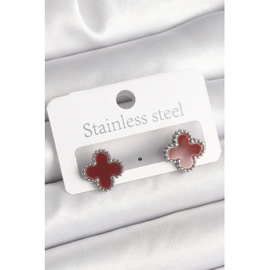 Pirinç Gümüş Renk Bordo Yonca Model Kadın Küpe