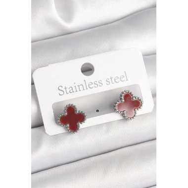 Pirinç Gümüş Renk Bordo Yonca Model Kadın Küpe