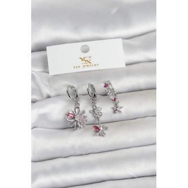 Pirinç Gümüş Renk Çiçek Model 3lü Kadın Küpe