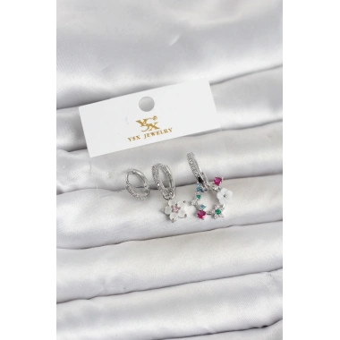 Pirinç Gümüş Renk Çiçek Model 3lü Kadın Küpe