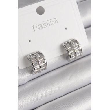 Pirinç Gümüş Renk Çift Sıra Zirkon Taşlı Kadın Küpe