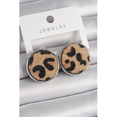 Pirinç Gümüş Renk Daire Plaka Model Leopar Desenli Kadın Küpe