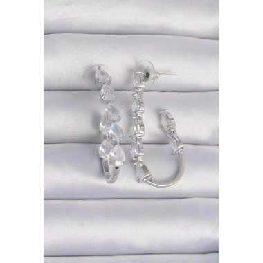 Pirinç Gümüş Renk Damla Zirkon Taş Tasarımlı Küpe