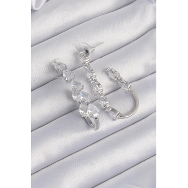 Pirinç Gümüş Renk Damla Zirkon Taş Tasarımlı Küpe