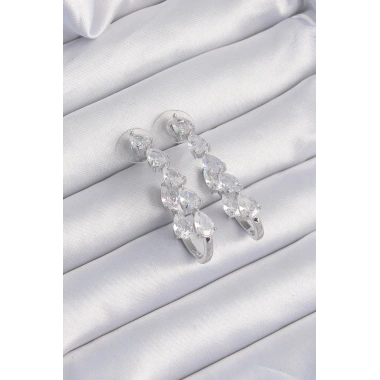 Pirinç Gümüş Renk Damla Zirkon Taş Tasarımlı Küpe