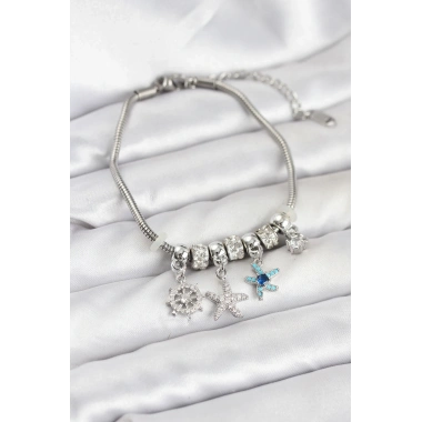 Pirinç Gümüş Renk Deniz Tema Charmlı Kadın Bileklik