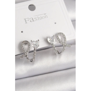 Pirinç Gümüş Renk Düğüm Model Zirkon Taşlı Kalp Detay Kadın Küpe