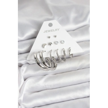 Pirinç Gümüş Renk Halka Modelli 6 Çift Kadın Küpe